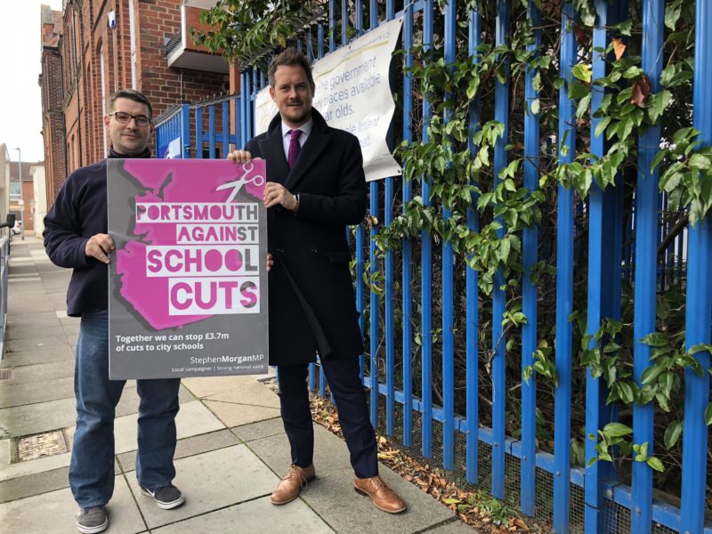 Stephen Morgan MP with Cllr Tom Coles outside a school in Fratton