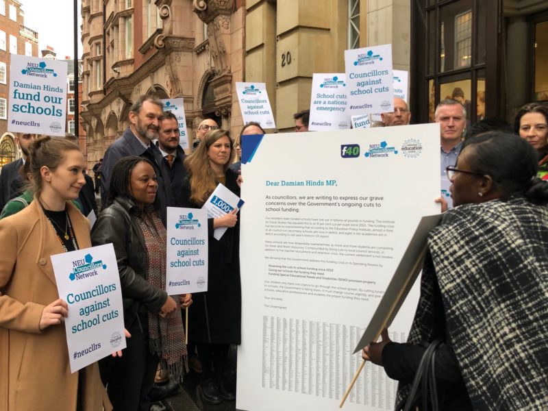 Stephen with the NEU delivering the letter to the education secretary 