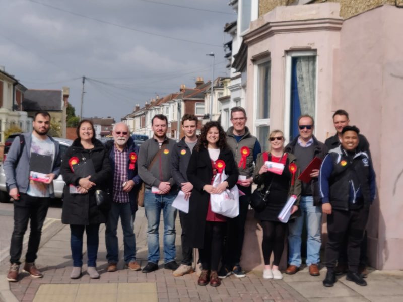 Charlotte Gerada, Cllr George Fielding and the local Labour team out on the doorstep talking to residents 