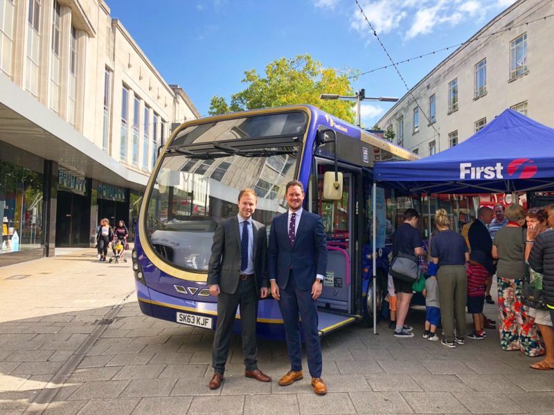 Stephen Morgan MP at his bus roadshow with the team at first bus Portsmouth to listen to views about local bus services.